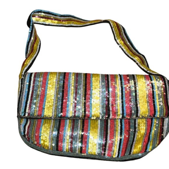 santi new multi color sequin sparkly striped should hand bag purse - Picture 4 of 4